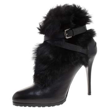 Pre Owned Ralph Lauren Black Leather and Faux Fur Vivian Ankle Boots Size 40