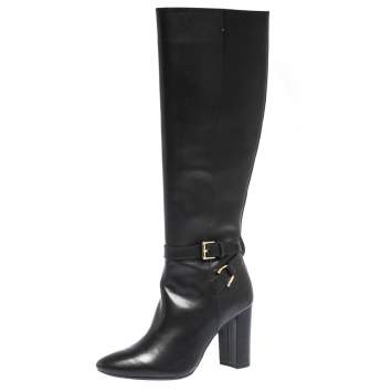 Pre Owned Ralph Lauren Black Leather Buckle Strap Knee Boots Size 37
