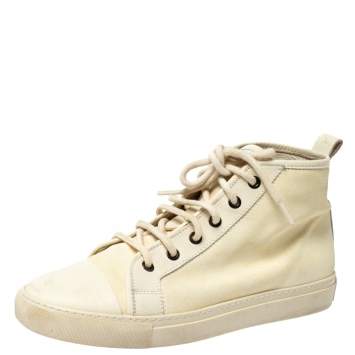 Pre Owned Ralph Lauren Light Cream Unlined Leather Lace High Top Sneakers Size 40