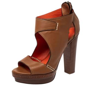 Pre Owned Ralph Lauren Tan Cut Out Leather Platform Sandals Size 37.5