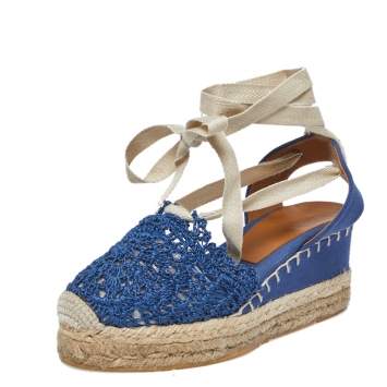 Pre Owned Ralph Lauren Blue Crochet Fabric Uma Espadrille Wedge Ankle Wrap Platform Sandals Size 38
