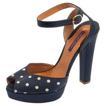 Pre Owned Ralph Lauren Blue Polka Dot Fabric Platform Ankle Strap Sandals Size 40