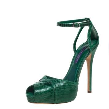 Pre Owned Ralph Lauren Green Lizard Jelandra Ankle Strap Peep Toe Sandals Size 38