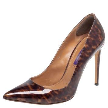 Pre Owned Ralph Lauren Brown/Yellow Tortoise Patent Leather Pointed Toe Pumps Size 39