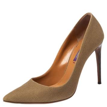Pre Owned Ralph Lauren Olive Green Canvas Celia Pointed Toe Pumps Size 38.5