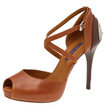 Pre Owned Ralph Lauren Brown Leather Ankle Strap Sandals Size 37.5