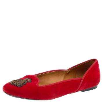 Pre Owned Ralph Lauren Collection Red Velvet Embroidered Ballet Flats Size 39.5