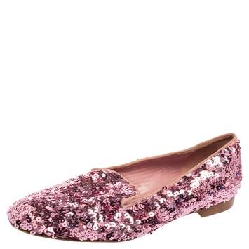 Pre Owned Ralph Lauren Pink Sequin Embellished Quintessa Pewter Smoking Slippers Size 37