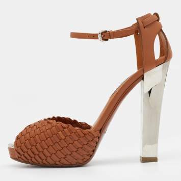 Pre Owned Ralph Lauren Brown Leather Platform Ankle Strap Sandals Size 39