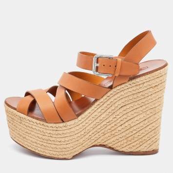 Pre Owned Ralph Lauren Brown Leather Wedge Platform Espadrille Sandals Size 38