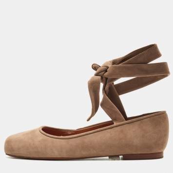Pre Owned Ralph Lauren Brown Suede Ankle Wrap Ballet Flats Size 37