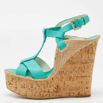 Pre Owned Ralph Lauren Turquoise Leather and Jute Cork Wedge Ankle Strap Sandals Size 37.5