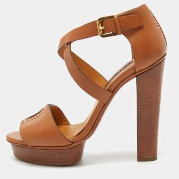 Pre Owned Ralph Lauren Collection Brown Leather Alannah Platform Ankle Strap Sandals Size 36