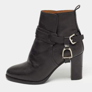 Pre Owned Ralph Lauren Black Leather Buckle Ankle Boots Size 37