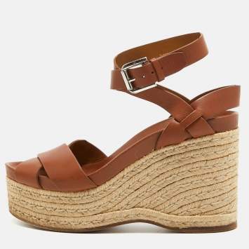 Pre Owned Ralph Lauren Brown Leather Espadrille Wedge Platform Ankle Strap Sandals Size 38