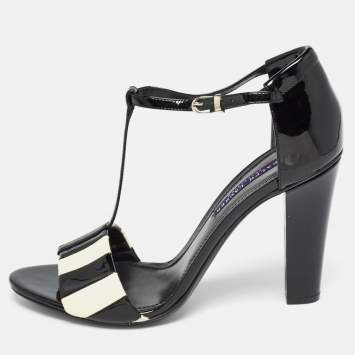 Pre Owned Ralph Lauren Black/White Patent Leather T Strap Sandals Size 40