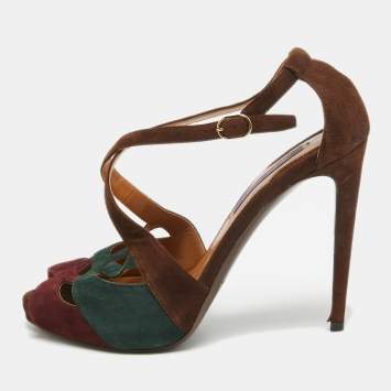 Pre Owned Ralph Lauren Tricolor Suede Cut Out Ankle Strap Sandals Size 38