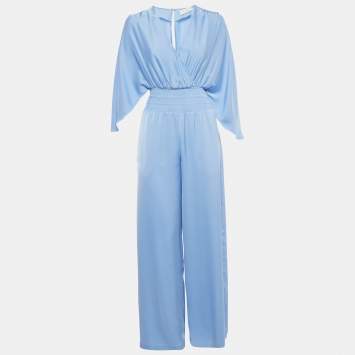 Pre Owned Ramy Brook Blue Satin Smocked V-Neck Jumpsuit XXS
