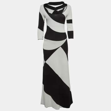 Pre Owned Ramzen Black/White Striped Knit Maxi Dress S