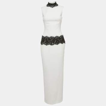 Pre Owned Rasario White Lace Trim Crepe Maxi Dress S