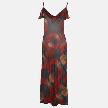 Pre Owned Rat & Bao Multicolor Printed Crepe Cold Shoulder Sheer Maxi Dress XS
