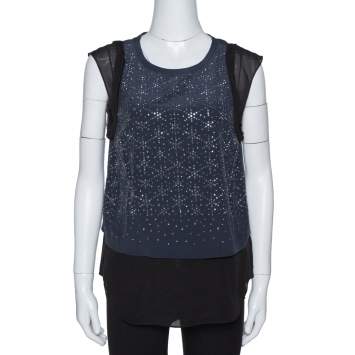 Pre Owned Rebecca Taylor Navy Blue Silk Crystal Studded Sleeveless Top M 