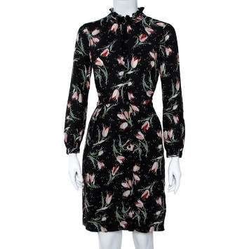 Pre Owned Rebecca Taylor Black Ikat Tulip Print Silk Shirt Dress S