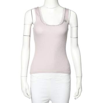 Pre Owned Rebecca Taylor Lilac Rib Knit Lace Trim Embellished Neck Detail Tank Top S 