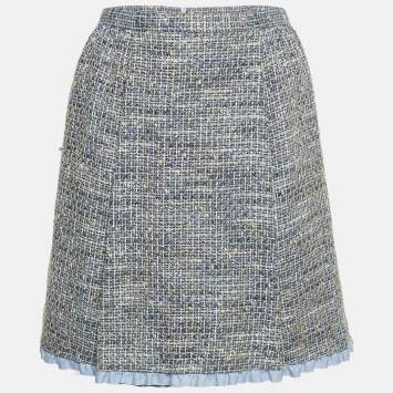 Pre Owned RED Valentino Blue Tweed Ruffled Mini Skirt L