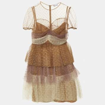 Pre Owned RED Valentino Brown Point d'esprit Tulle Tiered Mini Dress M