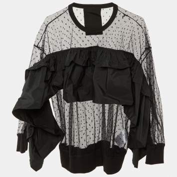Pre Owned RED Valentino Black Pointelle Tulle & Taffeta Ruffled Top XS