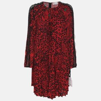 Pre Owned RED Valentino Red Animal Print Stretch Crepe and Lace Long Sleeve Top Dress M