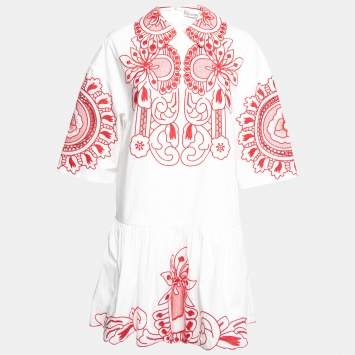 مملوكة مسبقًا RED Valentino White and Red Cotton Embroidered Peter Pan Collar Dress M
