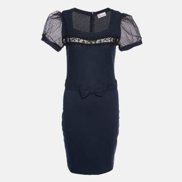 Pre Owned RED Valentino Navy Blue Patterned Knit Bow Detail Midi Dress L