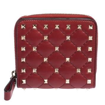 Pre Owned Valentino Red Leather Rockstud Spike French Wallet