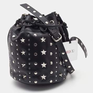 Pre Owned RED Valentino Black Leather Studded Drawstring Bucket Bag