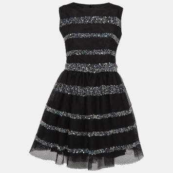 Pre Owned Red valentino Black Crystal Embellished Mesh Flared Short Dress M