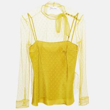 Pre Owned RED Valentino Yellow Tulle Bow Tie Detail Sheer Blouse S