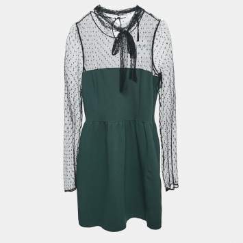 Pre Owned RED Valentino Green/Black Jersey and Lace High Neck Mini Dress L