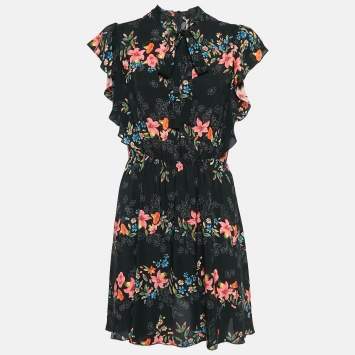 Pre Owned RED Valentino Black Floral Print Silk Ruffled Mini Dress M