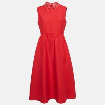 Pre Owned RED Valentino Red Studded Leather Collar and Wool Sleeveless Midi Dress M