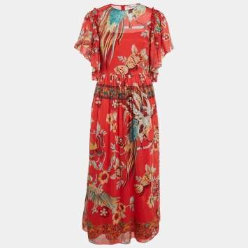 Pre Owned RED Valentino Red Floral Print Cotton Blend Long Dress S