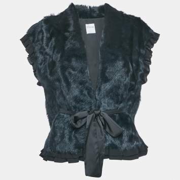 Pre Owned RED Valentino Navy Blue Real Fur Ruffle Detail Belted Vest M