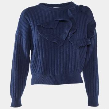 Red Valentino Blue Wool and Viscose Ruffle Heart Trim Sweater XXS