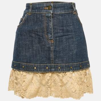 RED Valentino Blue Denim Lace Ruffled Mini Skirt M Waist 31"