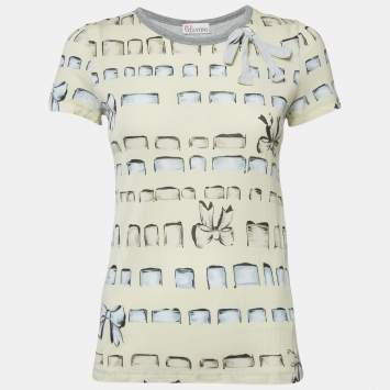 RED Valentino Yellow/Grey Printed Modal Bow Detail Top S