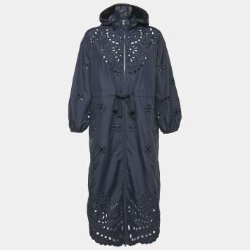 Pre Owned RED Valentino Navy Blue Broderie Anglaise Nylon Hooded Parka S