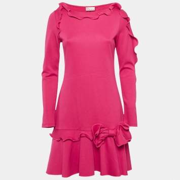 RED Valentino Pink Jersey Bow Detail Flounce Dress L