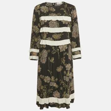 Pre Owned RED Valentino Black Floral Print Silk Frill Detail Midi Dress M