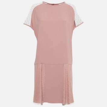 Pre Owned RED Valentino Pink Crepe Mesh Detail Mini Dress L